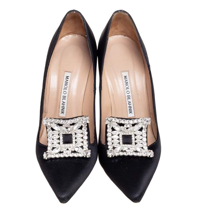 Pre Owned Manolo Blahnik Black Satin Borlak Pumps Size 38