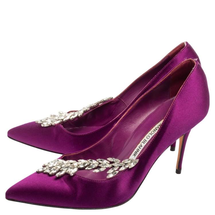 Pre Owned Manolo Blahnik Purple Satin Jewel Nadira Pointed Toe Pumps Size 38.5