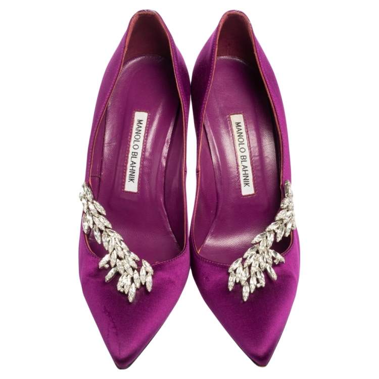 Pre Owned Manolo Blahnik Purple Satin Jewel Nadira Pointed Toe Pumps Size 38.5