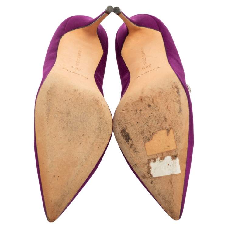 Pre Owned Manolo Blahnik Purple Satin Jewel Nadira Pointed Toe Pumps Size 38.5