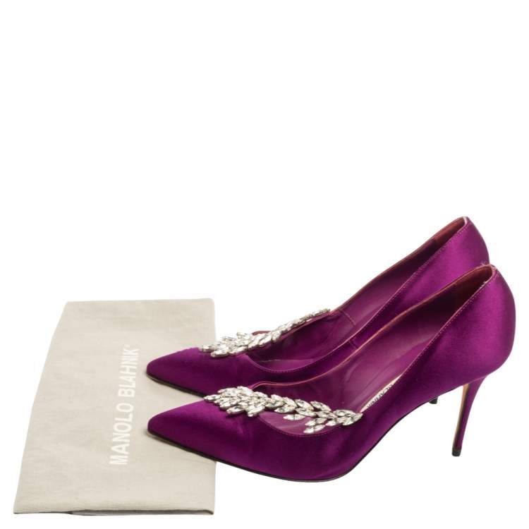 Pre Owned Manolo Blahnik Purple Satin Jewel Nadira Pointed Toe Pumps Size 38.5