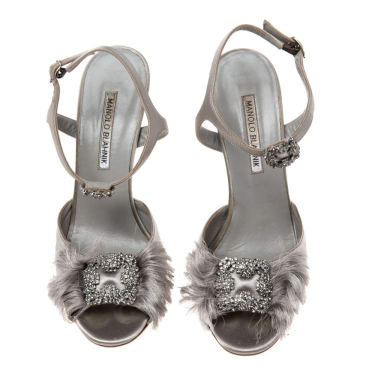 Pre Owned Manolo Blahnik Grey Satin Celsus Sandals Size 38.5