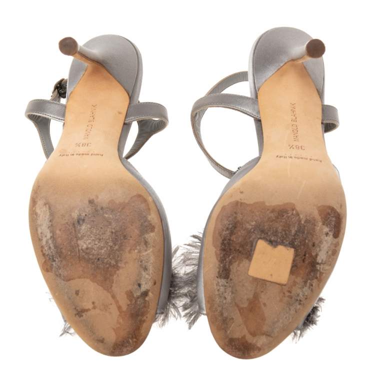 Pre Owned Manolo Blahnik Grey Satin Celsus Sandals Size 38.5
