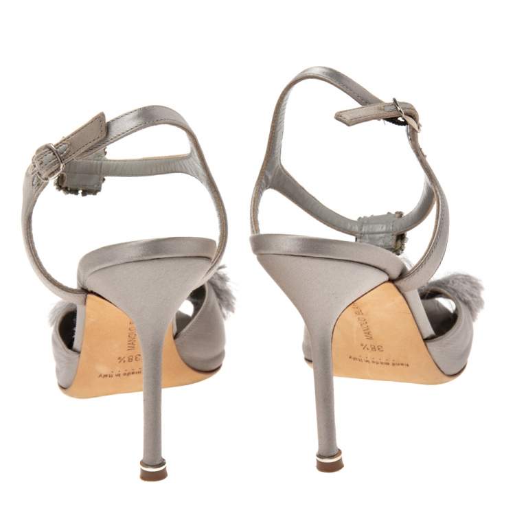 Pre Owned Manolo Blahnik Grey Satin Celsus Sandals Size 38.5