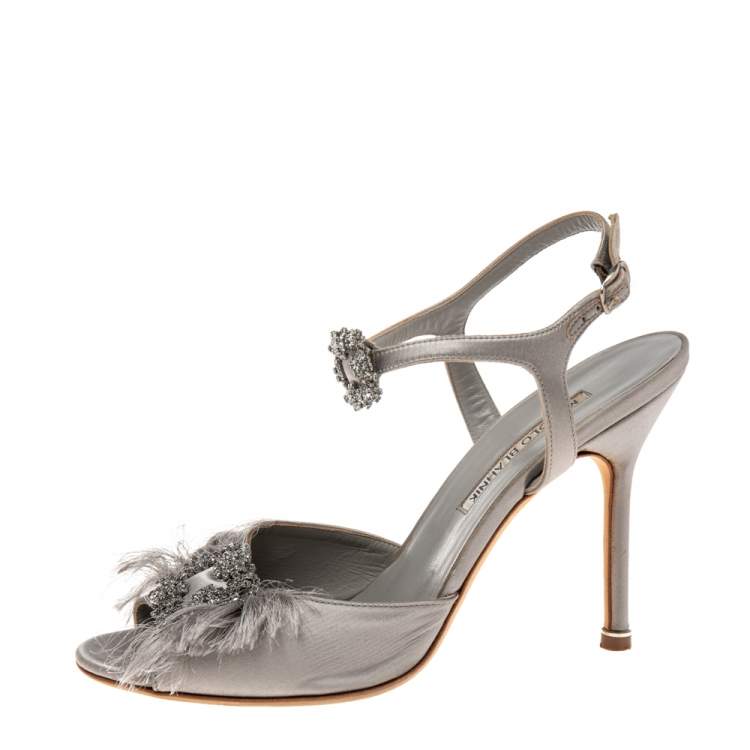 Pre Owned Manolo Blahnik Grey Satin Celsus Sandals Size 38.5