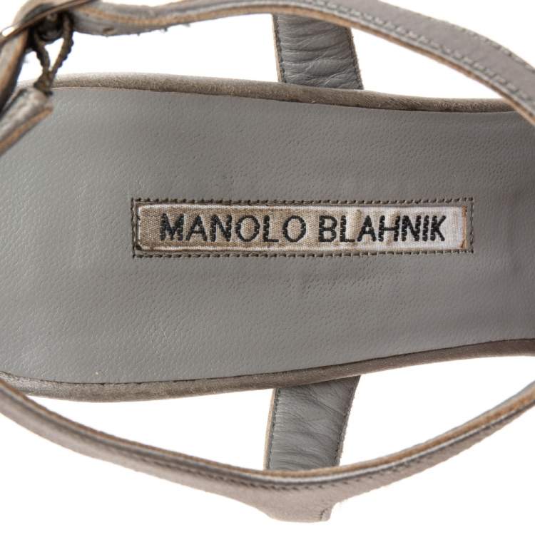 Pre Owned Manolo Blahnik Grey Satin Celsus Sandals Size 38.5