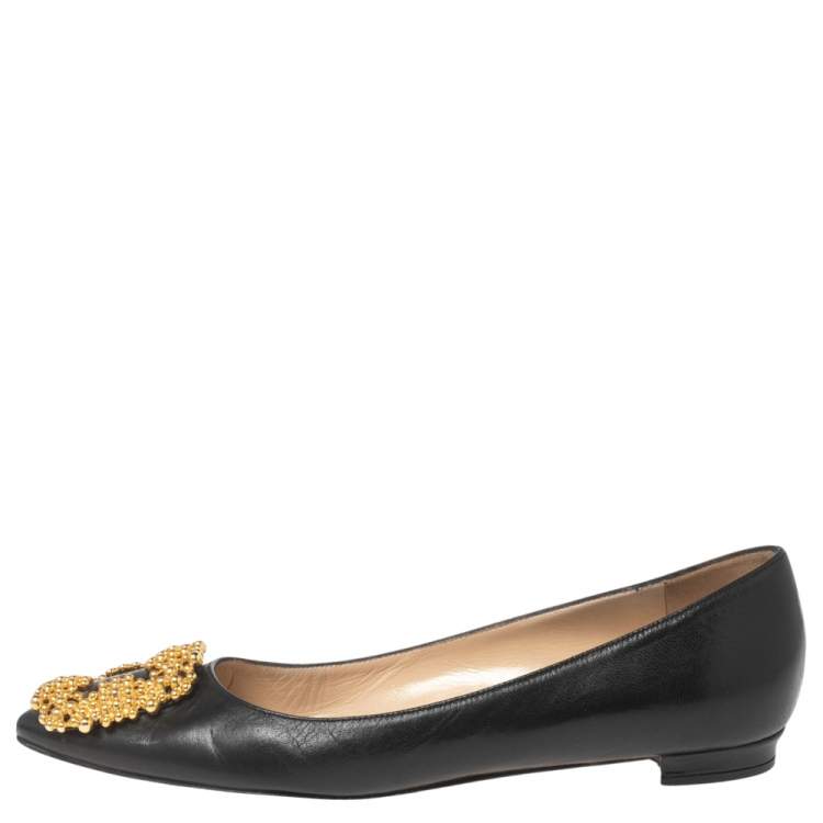 Pre Owned Manolo Blahnik Black Leather Hangisi Ballet Flats Size 35.5
