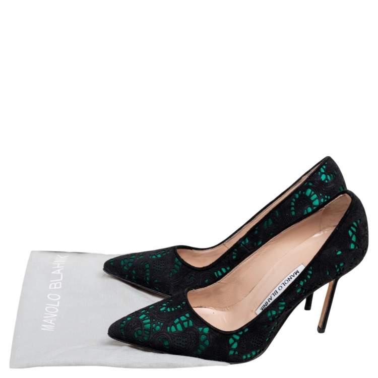 Pre Owned Manolo Blahnik Black/Green Laser-Cut Suede and Satin Bborli Pointed-Toe Pumps Size 35.5