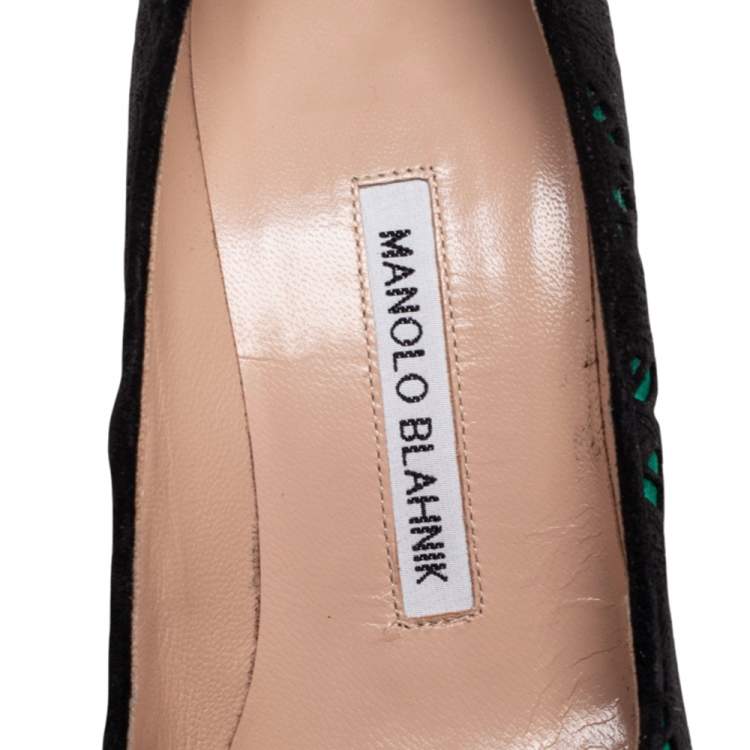 Pre Owned Manolo Blahnik Black/Green Laser-Cut Suede and Satin Bborli Pointed-Toe Pumps Size 35.5