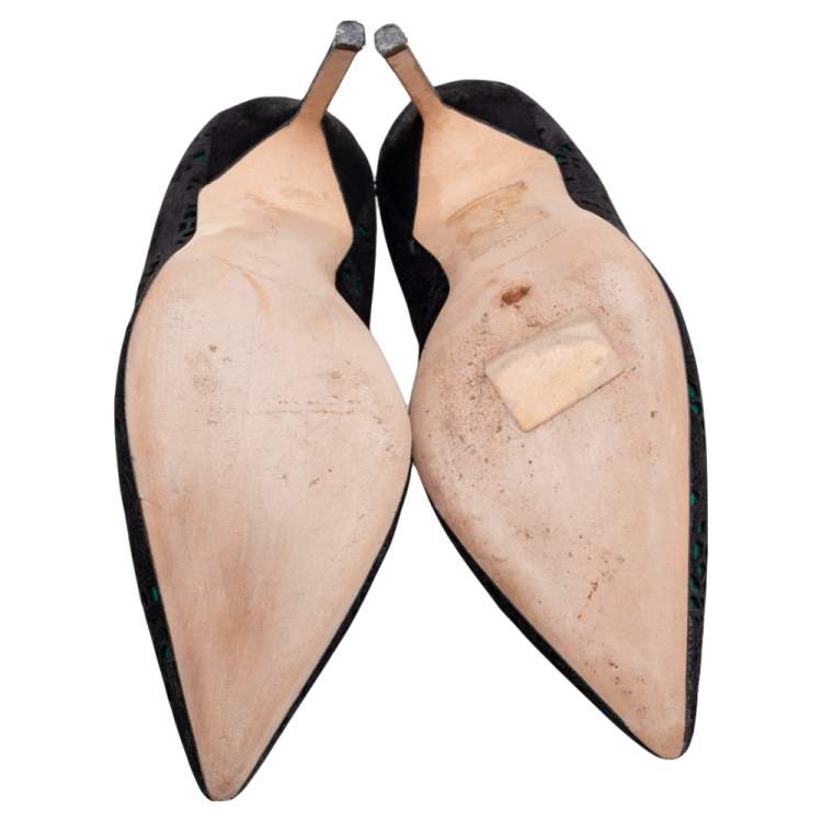 Pre Owned Manolo Blahnik Black/Green Laser-Cut Suede and Satin Bborli Pointed-Toe Pumps Size 35.5