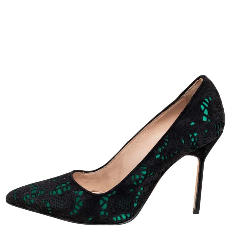 Pre Owned Manolo Blahnik Black/Green Laser-Cut Suede and Satin Bborli Pointed-Toe Pumps Size 35.5