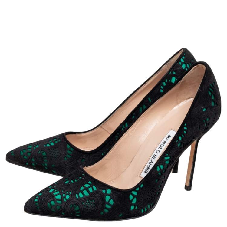 Pre Owned Manolo Blahnik Black/Green Laser-Cut Suede and Satin Bborli Pointed-Toe Pumps Size 35.5