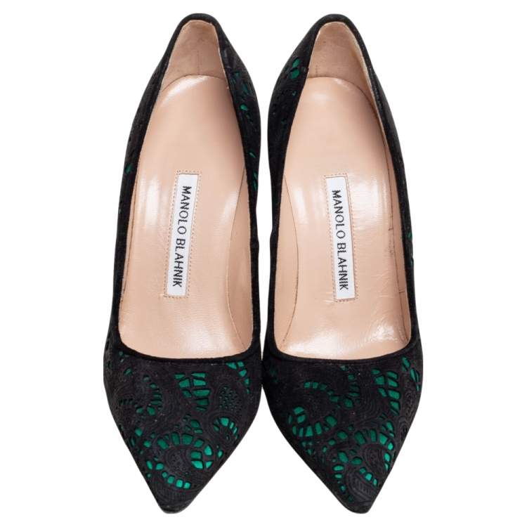 Pre Owned Manolo Blahnik Black/Green Laser-Cut Suede and Satin Bborli Pointed-Toe Pumps Size 35.5