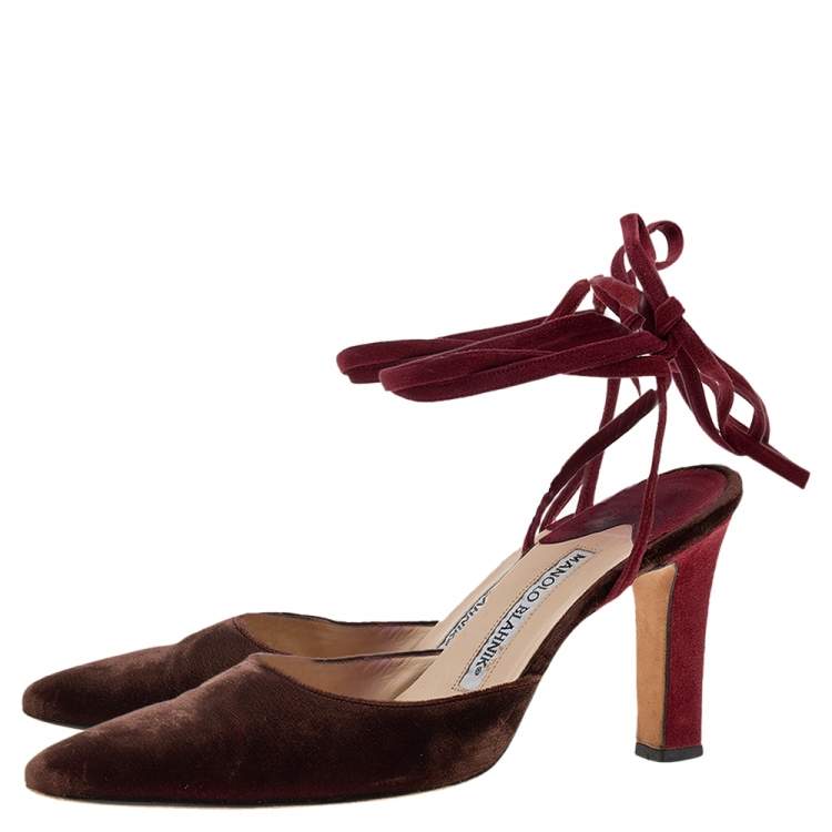 Pre Owned Manolo Blahnik Maroon/Red Velvet Ankle Wrap Sandals Size 37