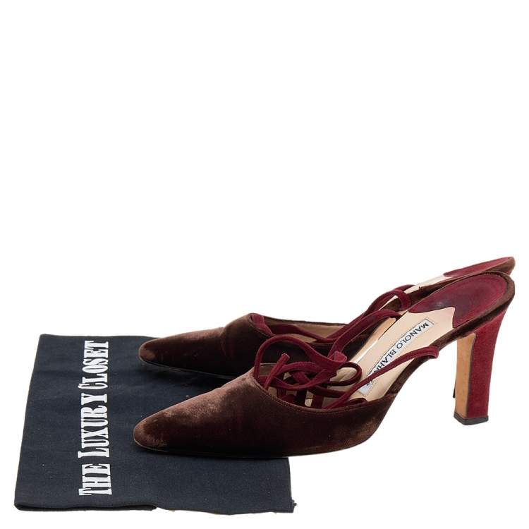 Pre Owned Manolo Blahnik Maroon/Red Velvet Ankle Wrap Sandals Size 37