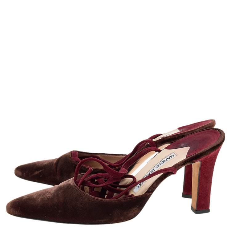 Pre Owned Manolo Blahnik Maroon/Red Velvet Ankle Wrap Sandals Size 37