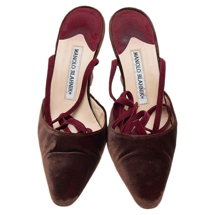 Pre Owned Manolo Blahnik Maroon/Red Velvet Ankle Wrap Sandals Size 37