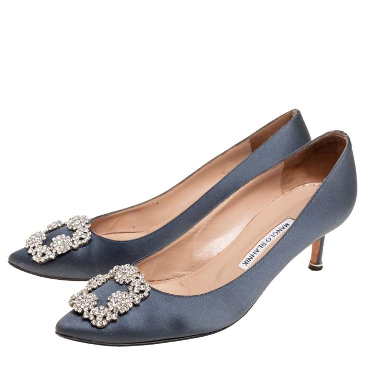 Pre Owned Manolo Blahnik Dark Grey Satin Hangisi Pumps Size 39