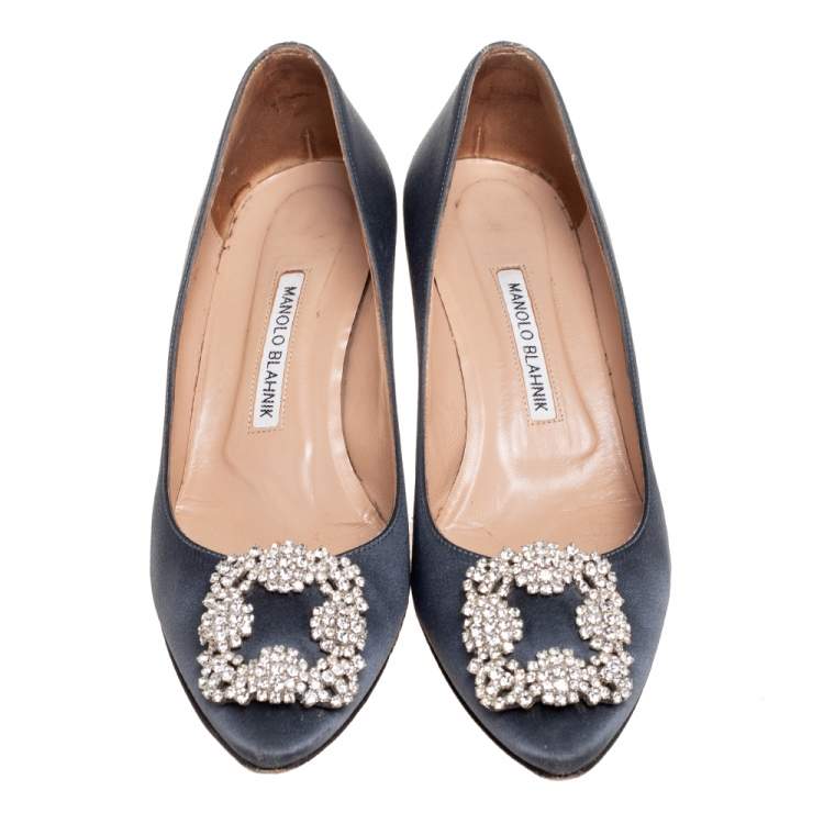 Pre Owned Manolo Blahnik Dark Grey Satin Hangisi Pumps Size 39