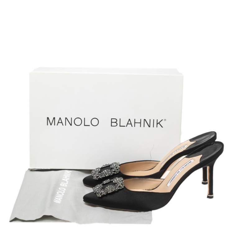 Pre Owned Manolo Blahnik Black Satin Hangisi Mules Sandals Size 39
