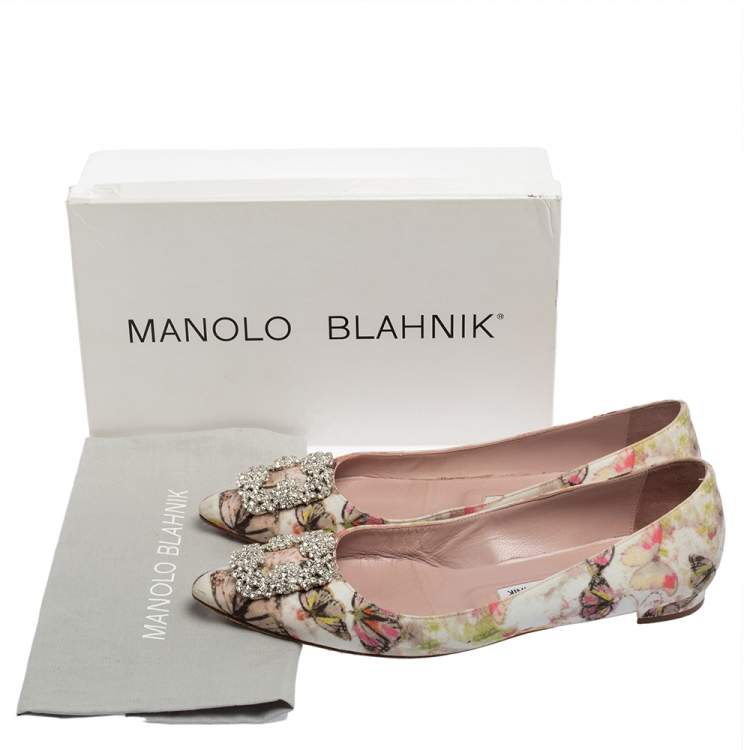 Pre Owned Manolo Blahnik White Butterfly Print Satin Hangisi Ballet Flats Size 39.5