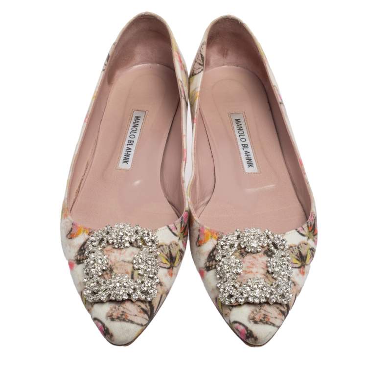 Pre Owned Manolo Blahnik White Butterfly Print Satin Hangisi Ballet Flats Size 39.5