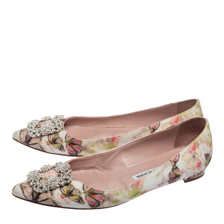 Pre Owned Manolo Blahnik White Butterfly Print Satin Hangisi Ballet Flats Size 39.5