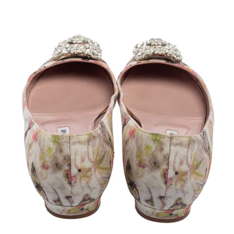 Pre Owned Manolo Blahnik White Butterfly Print Satin Hangisi Ballet Flats Size 39.5