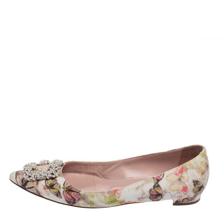 Pre Owned Manolo Blahnik White Butterfly Print Satin Hangisi Ballet Flats Size 39.5