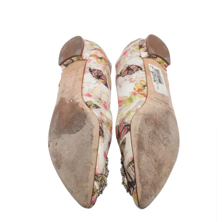 Pre Owned Manolo Blahnik White Butterfly Print Satin Hangisi Ballet Flats Size 39.5