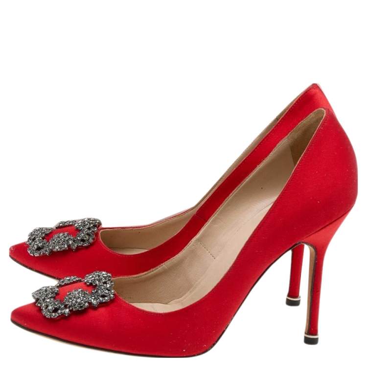 Pre Owned Manolo Blahnik Red Satin Hangisi Pumps Size 38