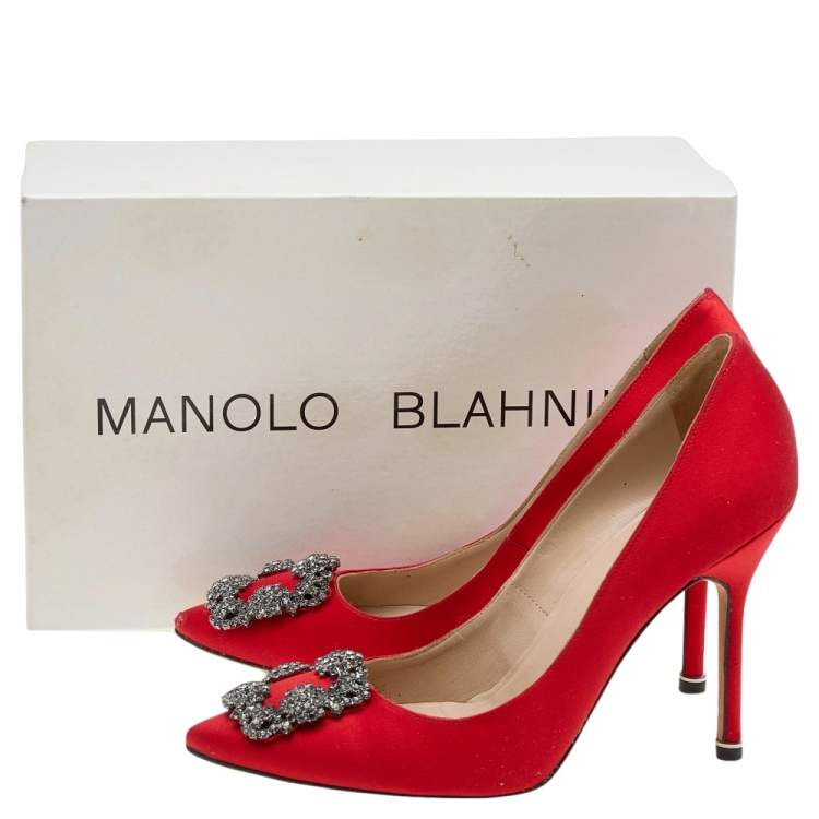 Pre Owned Manolo Blahnik Red Satin Hangisi Pumps Size 38