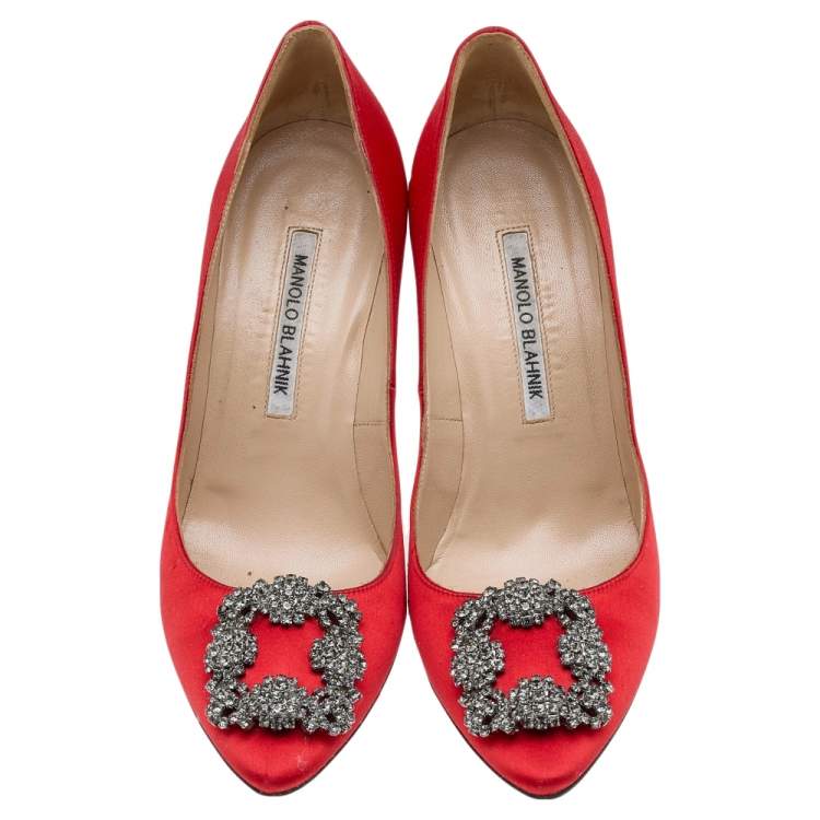 Pre Owned Manolo Blahnik Red Satin Hangisi Pumps Size 38