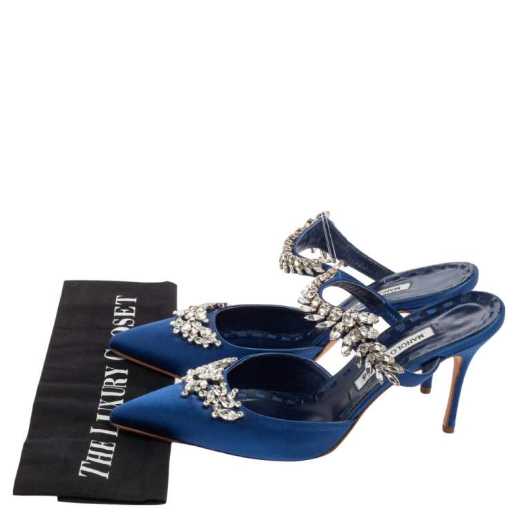 Pre Owned Manolo Blahnik Blue Satin Lurum Crystal Embellished Pointed Toe Sandals Size 41
