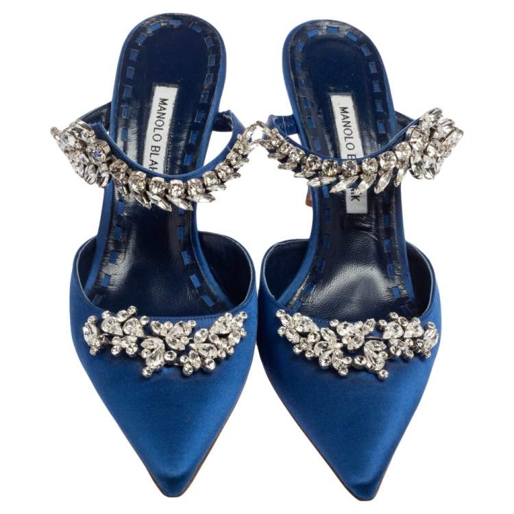 Pre Owned Manolo Blahnik Blue Satin Lurum Crystal Embellished Pointed Toe Sandals Size 41