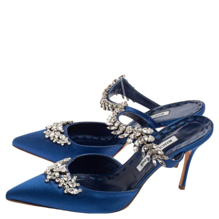 Pre Owned Manolo Blahnik Blue Satin Lurum Crystal Embellished Pointed Toe Sandals Size 41