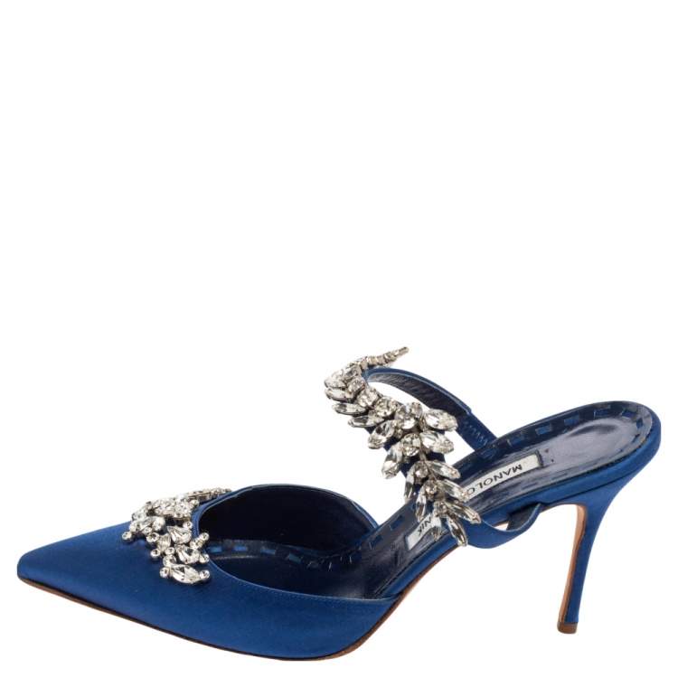 Pre Owned Manolo Blahnik Blue Satin Lurum Crystal Embellished Pointed Toe Sandals Size 41