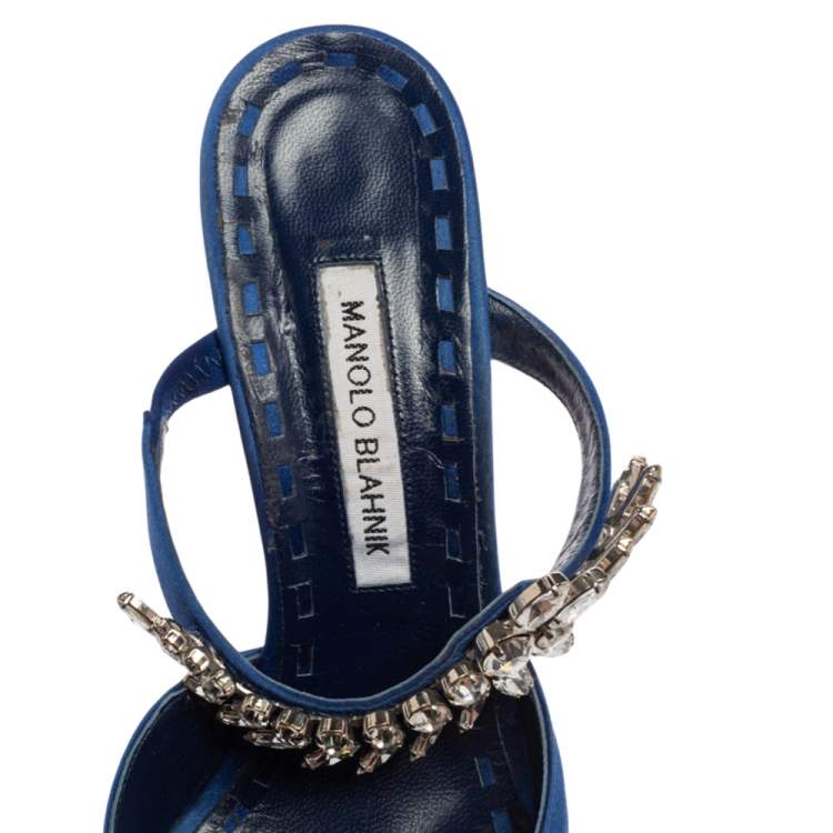 Pre Owned Manolo Blahnik Blue Satin Lurum Crystal Embellished Pointed Toe Sandals Size 41