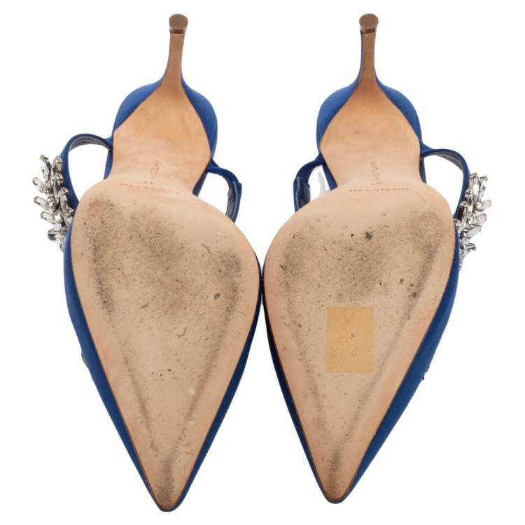 Pre Owned Manolo Blahnik Blue Satin Lurum Crystal Embellished Pointed Toe Sandals Size 41