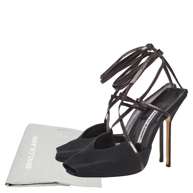 Pre Owned Manolo Blahnik Black/Plum Satin and Leather Square Peep-Toe Ankle-Tie Sandals Size 38.5