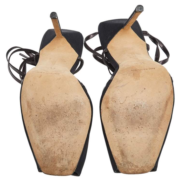 Pre Owned Manolo Blahnik Black/Plum Satin and Leather Square Peep-Toe Ankle-Tie Sandals Size 38.5
