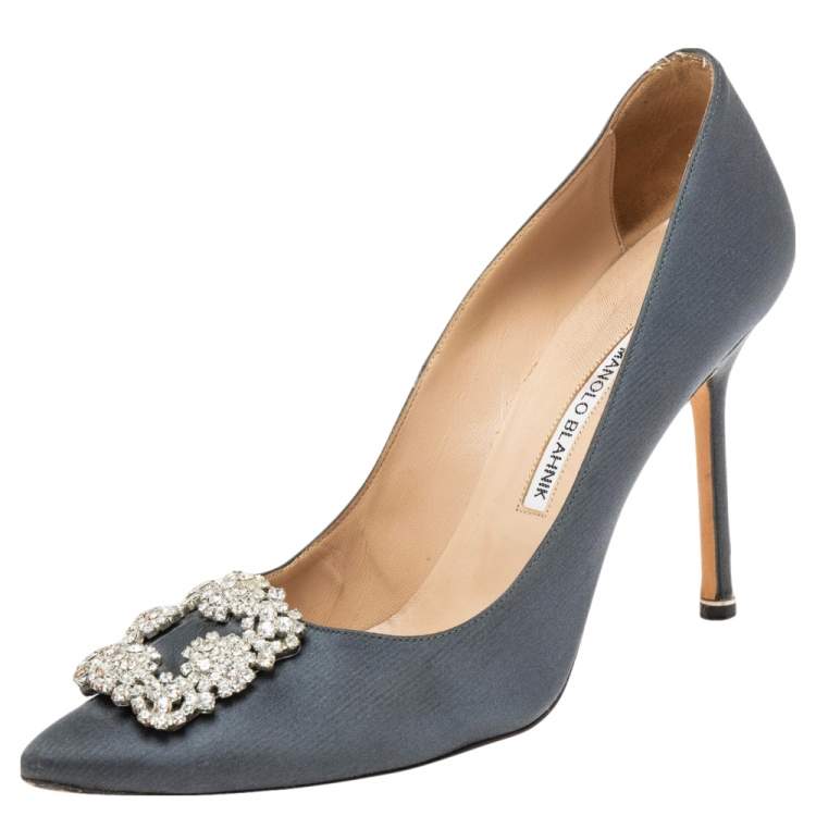 Pre Owned Manolo Blahnik Grey Satin Hangisi Pumps Size 40.5