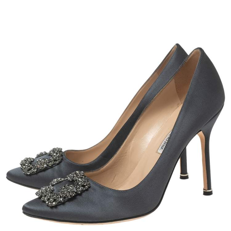 Pre Owned Manolo Blahnik Grey Satin Hangisi Pumps Size 40
