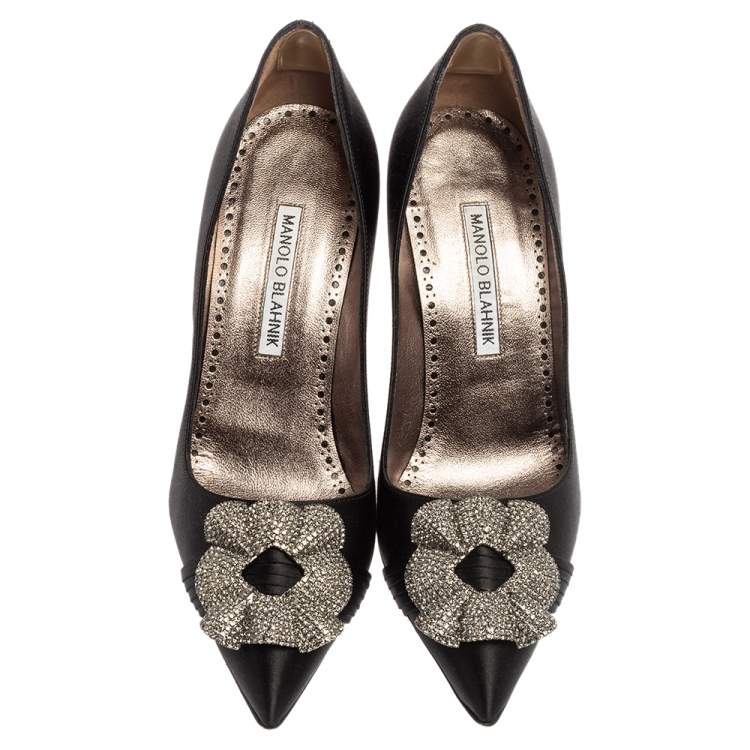 Pre Owned Manolo Blahnik Black Satin Crystal Embellished Buckle Pumps Size 36