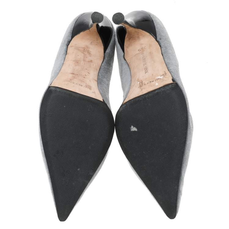 Pre Owned Manolo Blahnik Grey/Black Suede And Patent Leather Button Embellished Pointed Toe Pumps Size 38.5