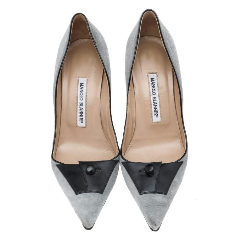 Pre Owned Manolo Blahnik Grey/Black Suede And Patent Leather Button Embellished Pointed Toe Pumps Size 38.5
