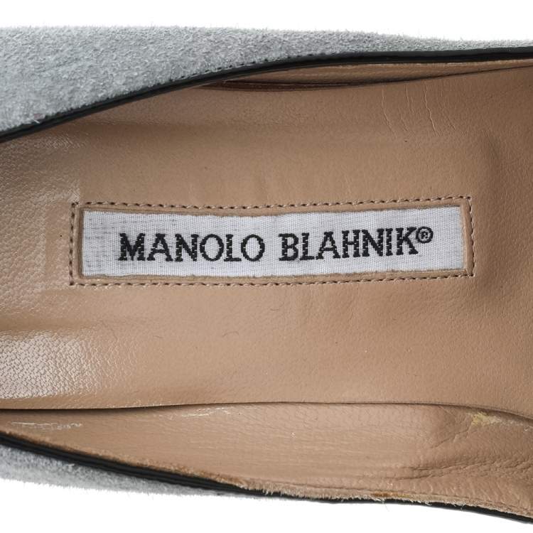 Pre Owned Manolo Blahnik Grey/Black Suede And Patent Leather Button Embellished Pointed Toe Pumps Size 38.5
