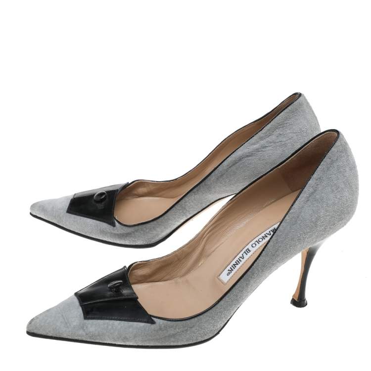 Pre Owned Manolo Blahnik Grey/Black Suede And Patent Leather Button Embellished Pointed Toe Pumps Size 38.5