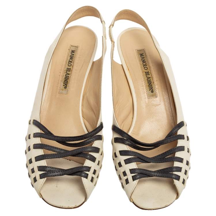 Pre Owned Manolo Blahnik Off-White Leather Open-Toe Slingback Sandals Size 37