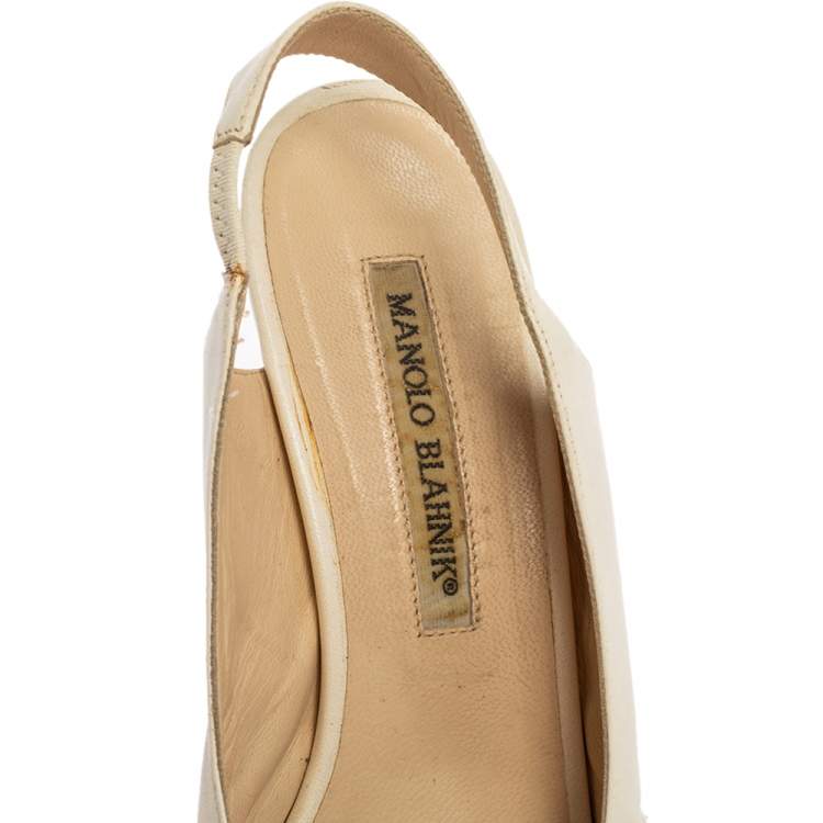 Pre Owned Manolo Blahnik Off-White Leather Open-Toe Slingback Sandals Size 37